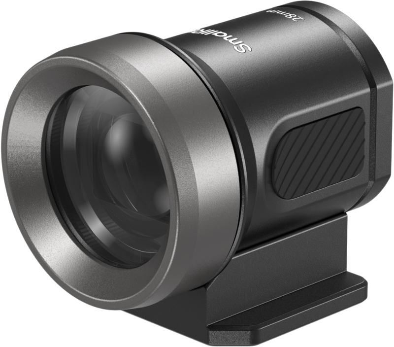 Lähikuva SMALLRIG 5387 28MM ulkoisesta optisesta etsimestä, joka on kompakti musta-hopea laite, jossa on leveä linssi ja joka on asennettu pieneen säädettävään jalustaan.