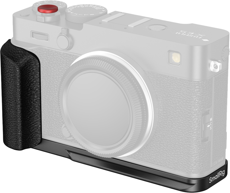 Kuvassa on FUJIFILM X-E5 ilman objektiivia, ja siinä on SmallRig 5448 L-muotoinen kiinnityslevy silikonikahvalla (musta), jossa on musta kuvioitu kahva ja metallinen pohjalevy.