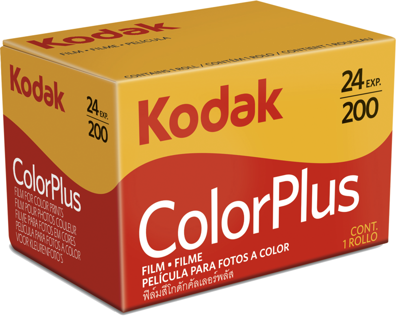 Kodak Colorplus 200 Boxed 24 -laatikko, joka on 35 mm:n värifilmi valokuviin. Punainen, keltainen ja valkoinen pakkaus, jossa on merkintä 24 valotuskertaa ja ISO 200, sekä monikielinen teksti.