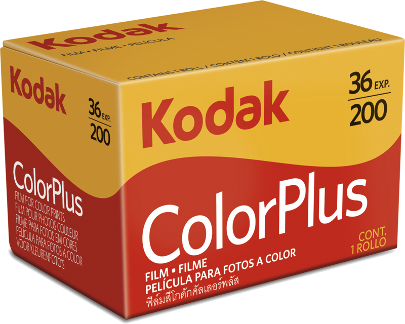 Keltainen ja punainen Kodak Colorplus 200 Boxed 36 -laatikko, jossa on merkintä "FILM PARA FOTOS A COLOR", joka osoittaa, että se sisältää yhden rullallisen 35 mm:n värivalokuvausfilmiä, jossa on 36 valotusta.