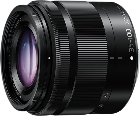 Panasonic Lens G Vario 35-100mm f/4-5.6 -objektiivi, musta, jossa on polttovälin merkinnät (35-100mm) ja minimitarkennusetäisyys 0.9m/3.0ft, näkyy valkoisella taustalla.