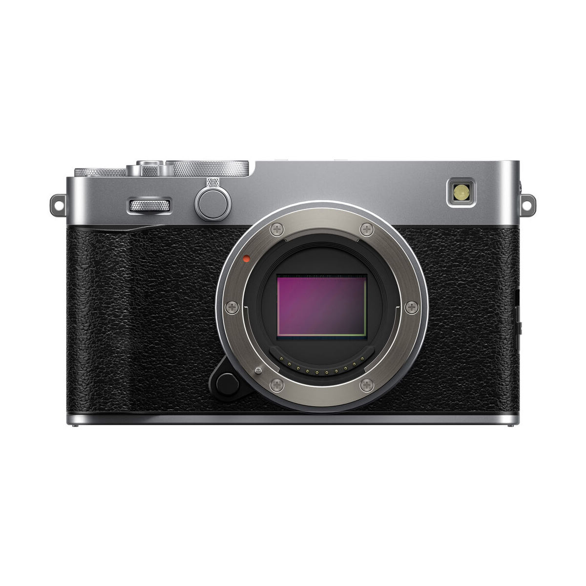 The Fujifilm X-E5 system camera, silver, is a silver and black digital mirrorless camera body with an exposed image sensor and textured grip, shot from the front against a white background, lens not included.
