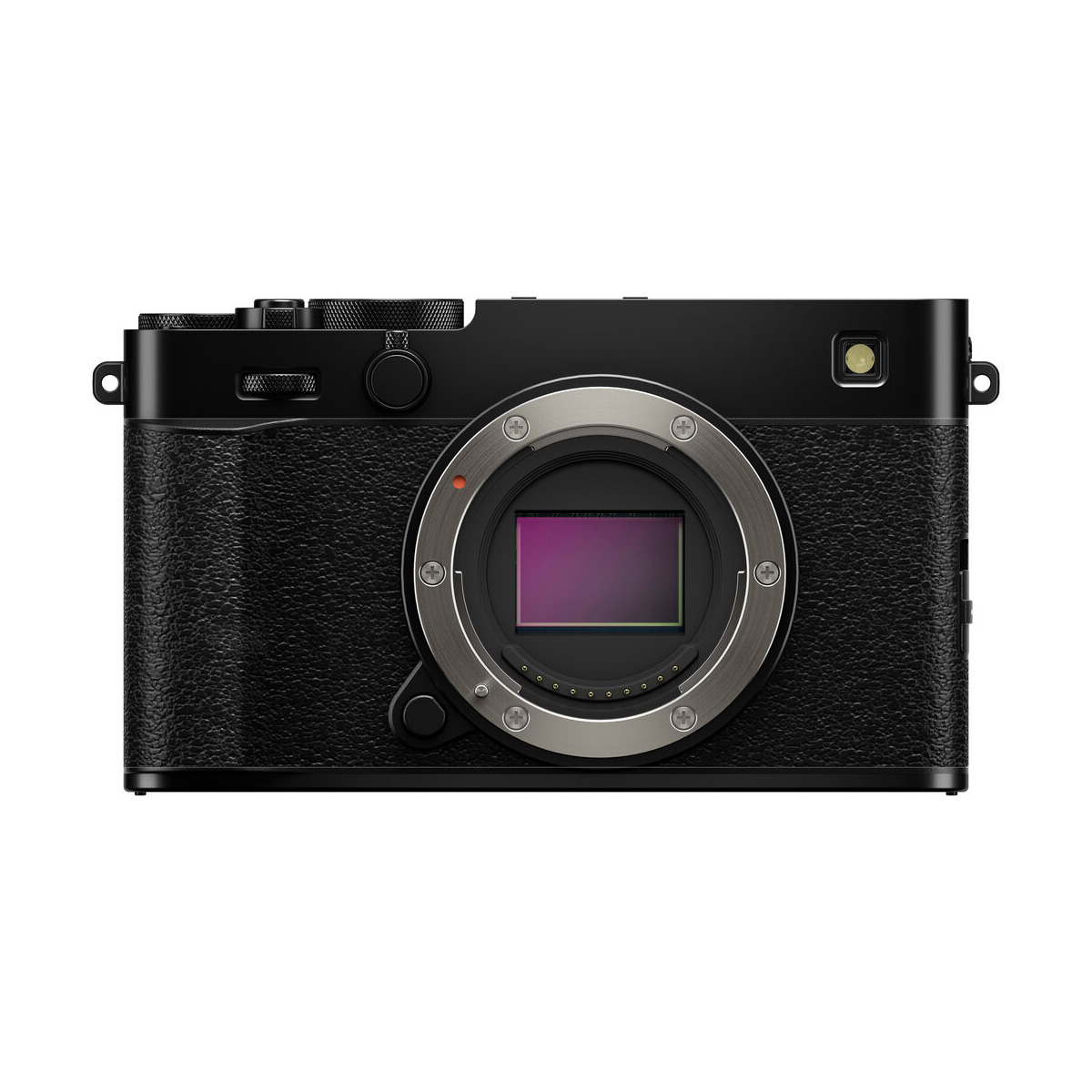 The Fujifilm X-E5 system camera, black, is a black digital mirrorless camera body without lens, with a sensor and a textured grip on a white background.