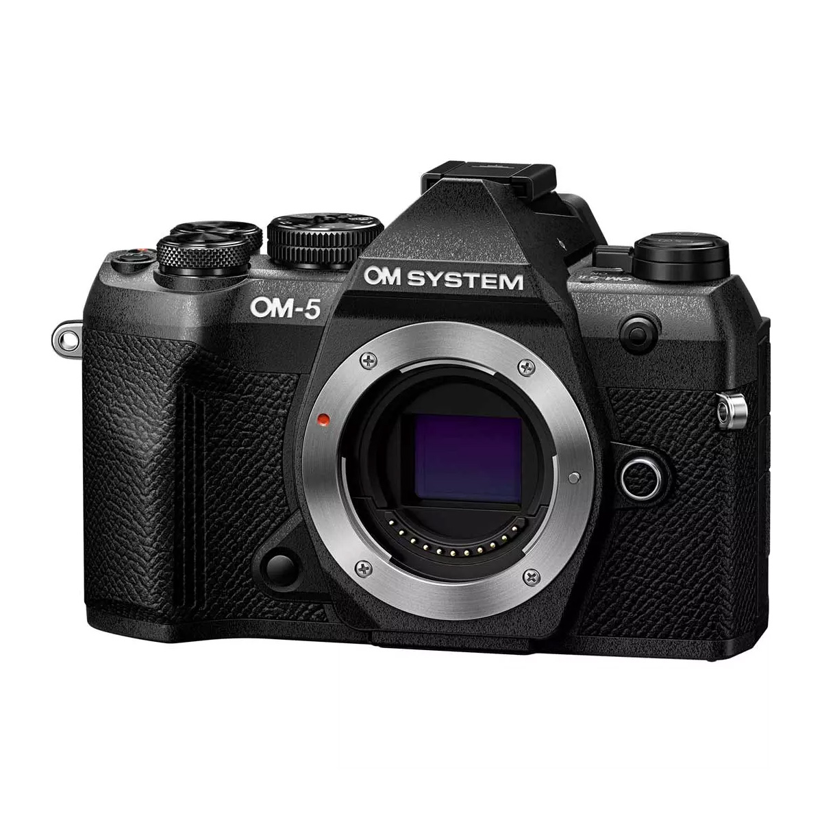 OM System OM-5 Mark II black (3) Black OM SYSTEM OM-5 Mark II system camera body without lens, with sensor and controls on a white background.