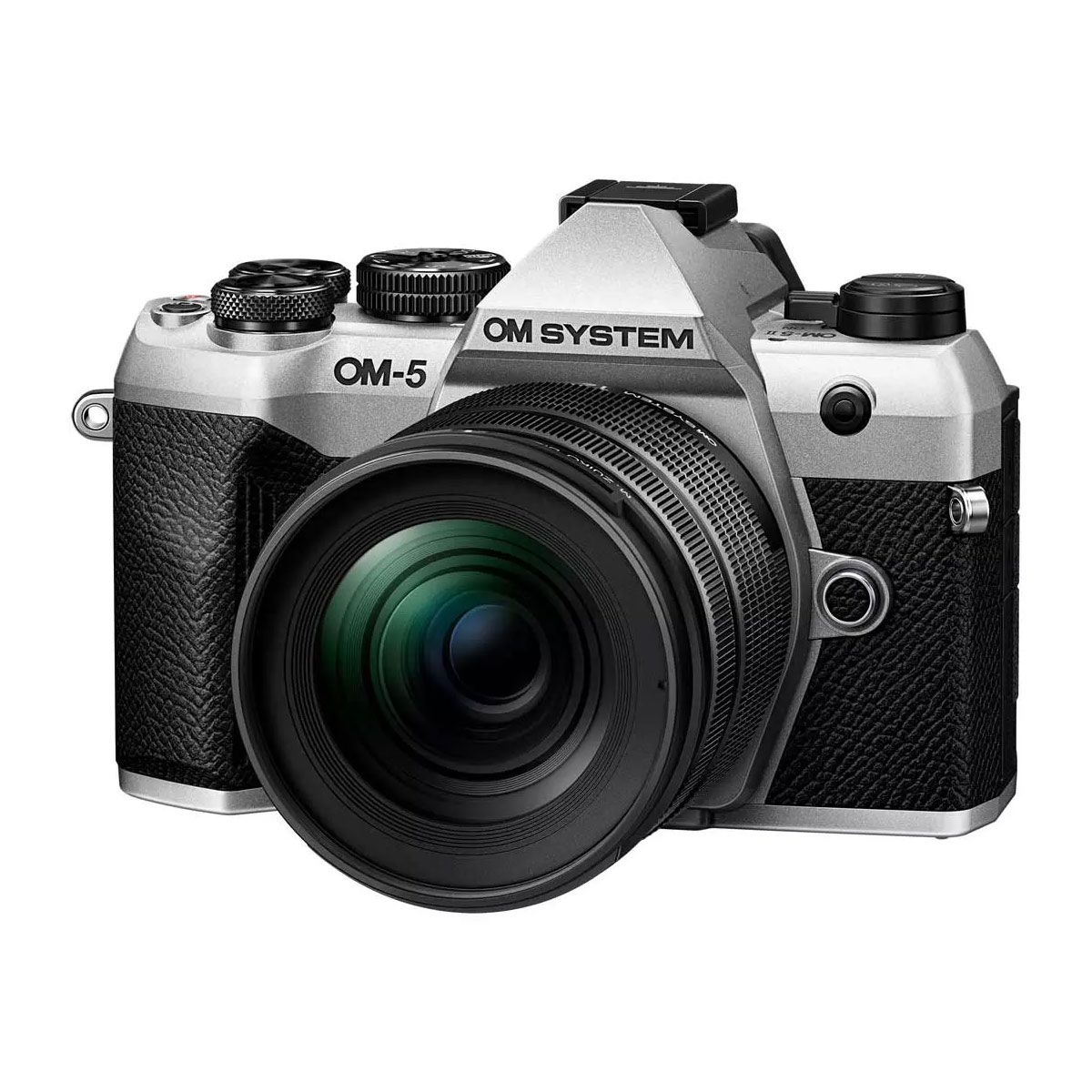 om_system_om-5_mark_ii_hopea_01_12-45mm_02 Silver OM SYSTEM OM-5 Mark II + 12-45mm f/4 Pro camera, with the lens mounted at a small angle against a white background.