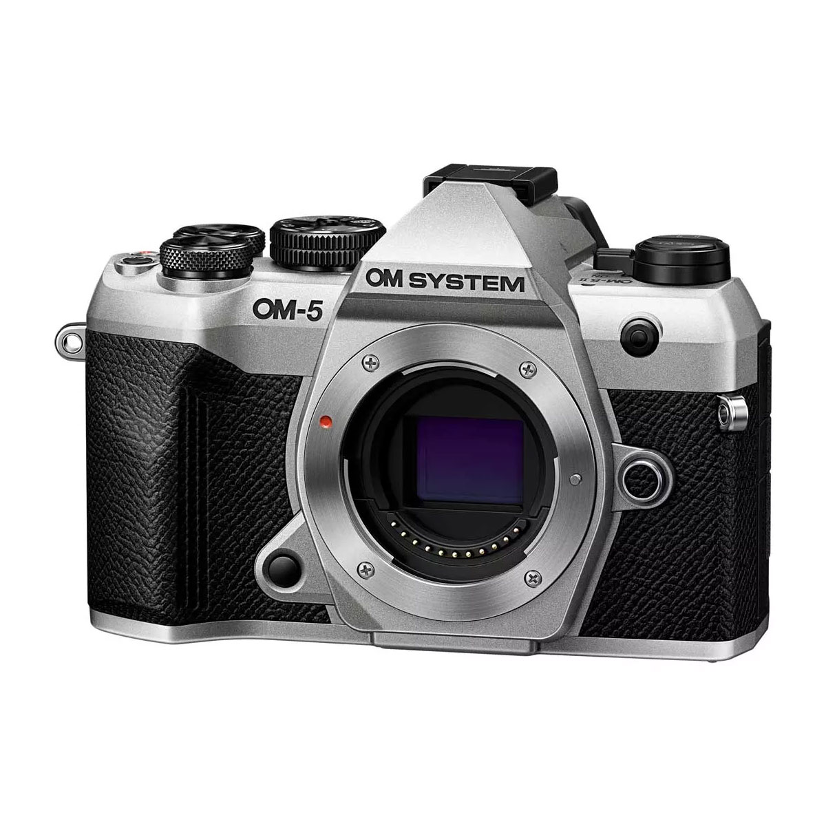 om_system_om-5_mark_ii_hopea_06 The silver OM SYSTEM OM-5 Mark II system camera body is shown without lens, with sensor and top adjustment dials.