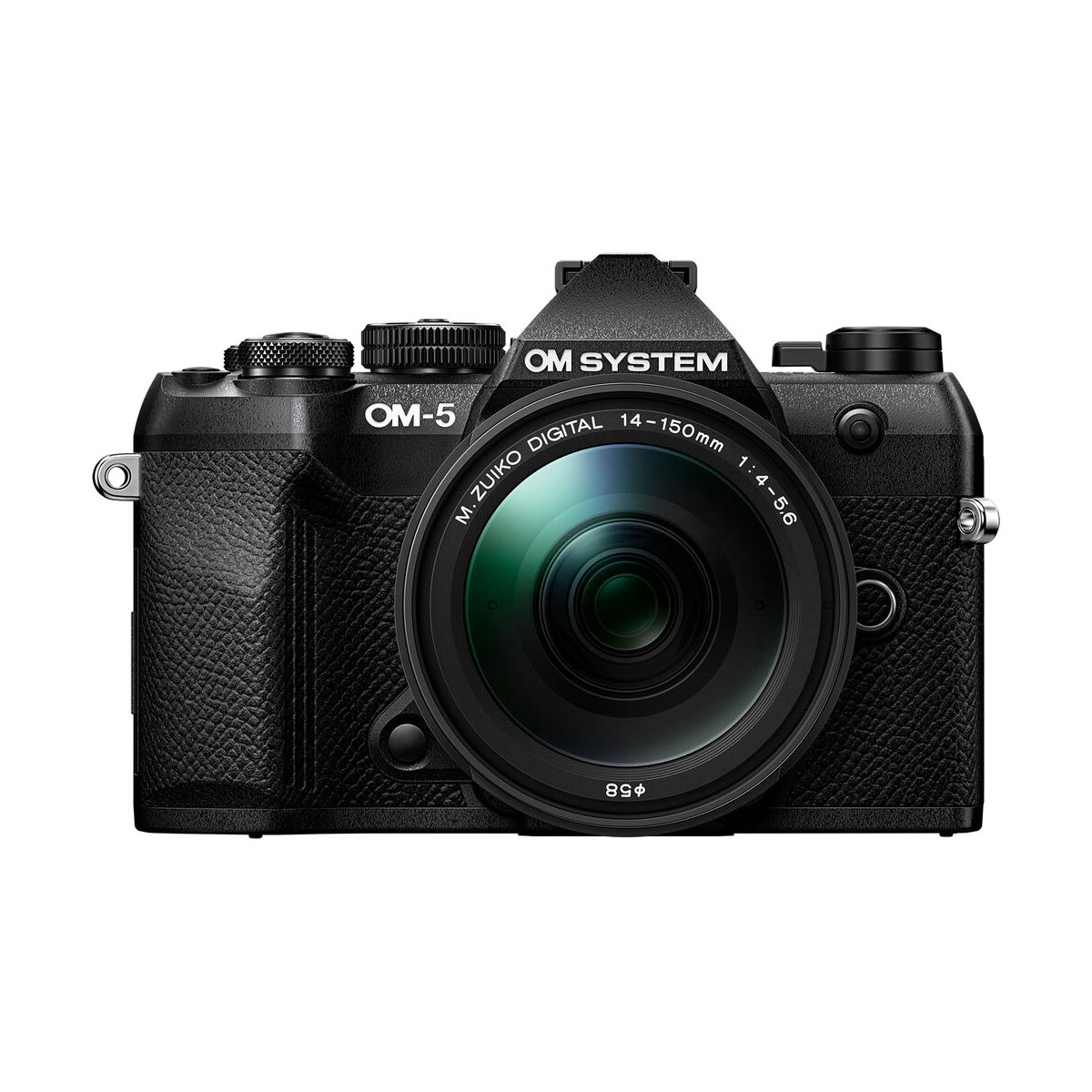 om_system_om-5_mark_ii_musta_01_14-150mm_01 OM SYSTEM OM-5 Mark II + 14-150mm f/4-5.6 II, black digital camera, white background on front.