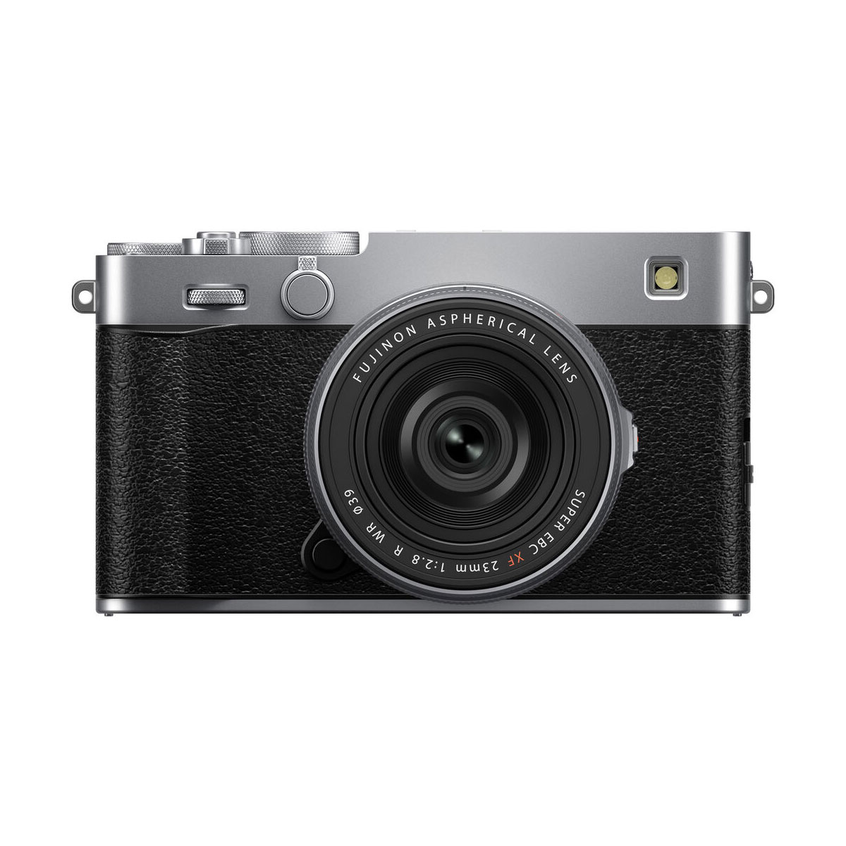 The Fujifilm X-E5 + Fujinon 23mm f/2.8, silver is pictured forward on a white background with a black textured body, silver top, a large lens that reads "Fujinon Aspherical Lens", and several controls.