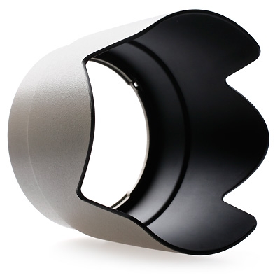 JJC ET 86 Canon lens hood Black, a black petal-shaped lens hood designed to reduce lens glare, appears on a white background.
