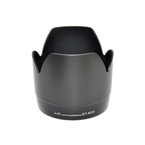 Black petal-shaped JJC ET 83II Canon lens hood The black lens hood stands upright on a white background, with the product name printed in white near the bottom.
