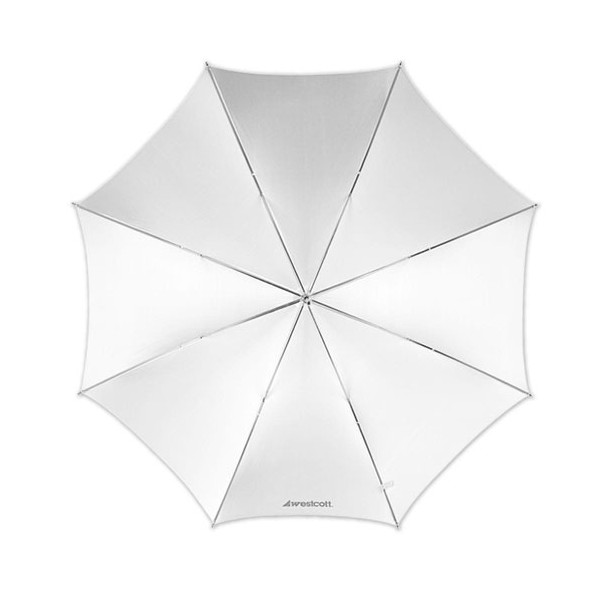 Westcott 114 cm Optical White Satin -sateenvarjon (MENZ) ylhäältä katsottuna sen kuusi metallista tukikylkiluuta ja reunan läheisyyteen painettu Westcott-brändinimi paljastuvat.