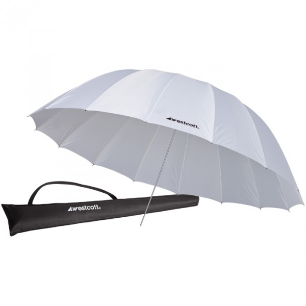 The Westcott 220 cm White Diffusion Parabolic umbrella, which is open and has a silver shaft, is pictured next to a black carry bag and handle; both products bear the Westcott logo.