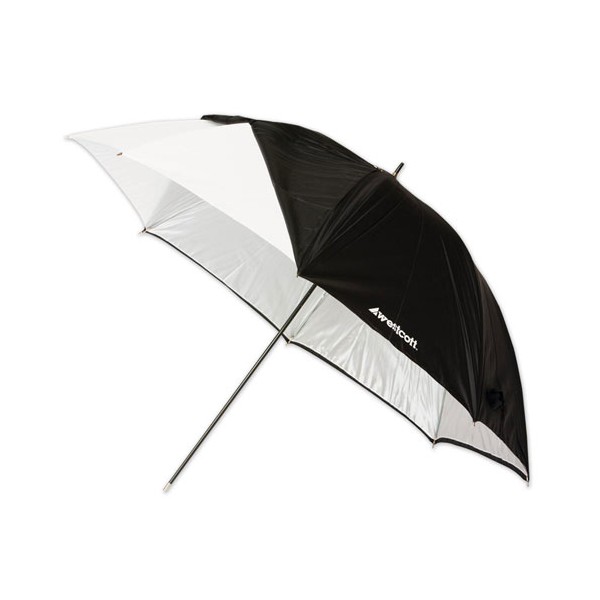 The Westcott 109 cm Optical White Satin Collapsible umbrella with removable black cover is opened diagonally and features alternating black and white panels and the Westcott logo in one black section.