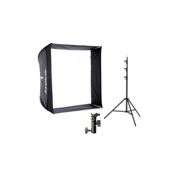Westcott Apollo Flash Kit sisältää neliönmuotoisen softboxin, jossa on musta ulkokuori ja valkoinen diffuusori, metallinen valoteline ja kiinnitysteline, kaikki valkoista taustaa vasten.