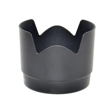 JJC ET 74 Canon Lens Hood Black is a black, matte-finish petal-shaped lens hood designed to be attached to the front of the camera lens to block stray light and reduce glare.