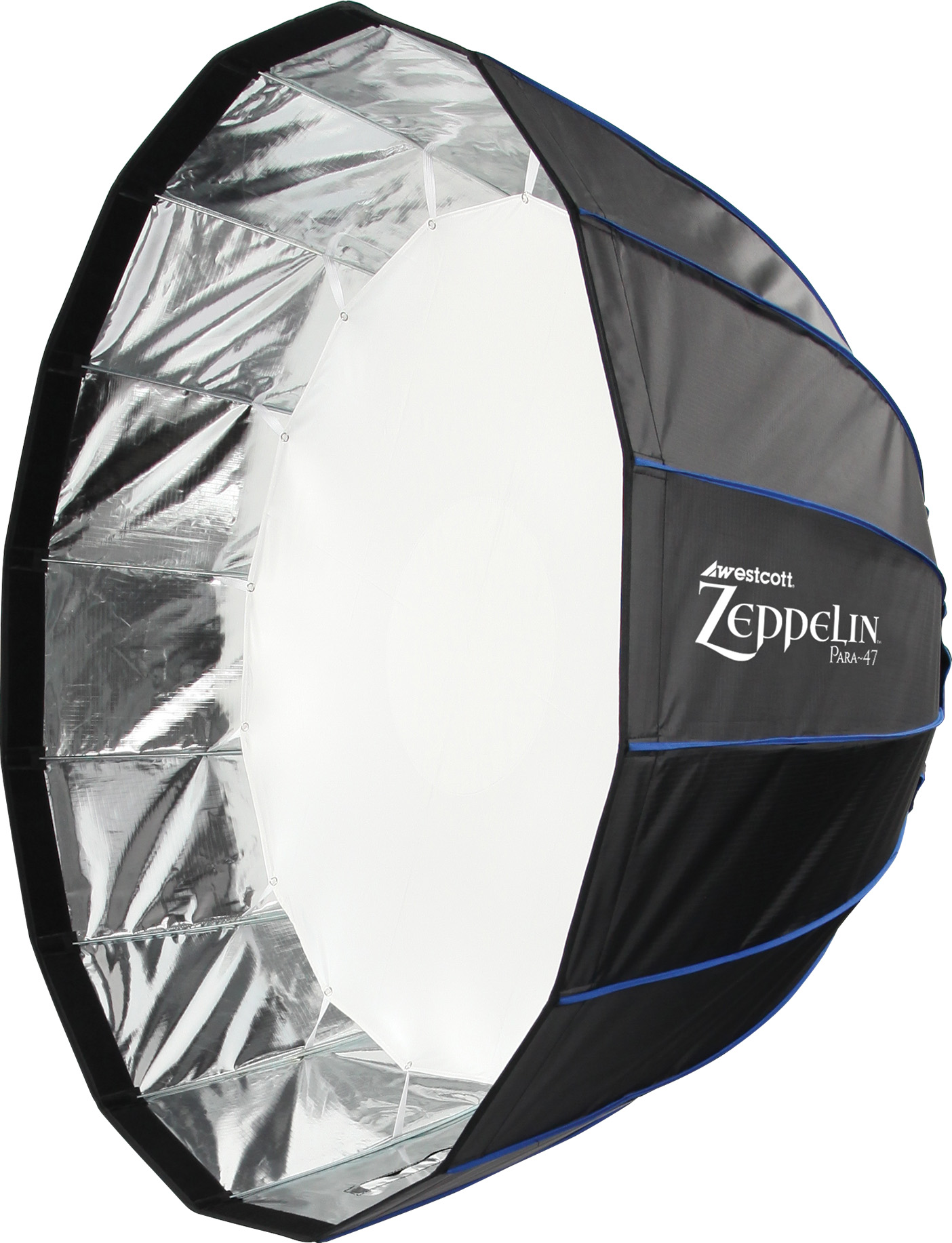 Westcott Zeppelin Para 47 (1.2M) on suuri kahdeksankulmainen softbox, jossa on valkoinen hajottava etupuoli ja heijastava hopeinen sisäpuoli, joka on suunniteltu valokuvausvalaistukseen.