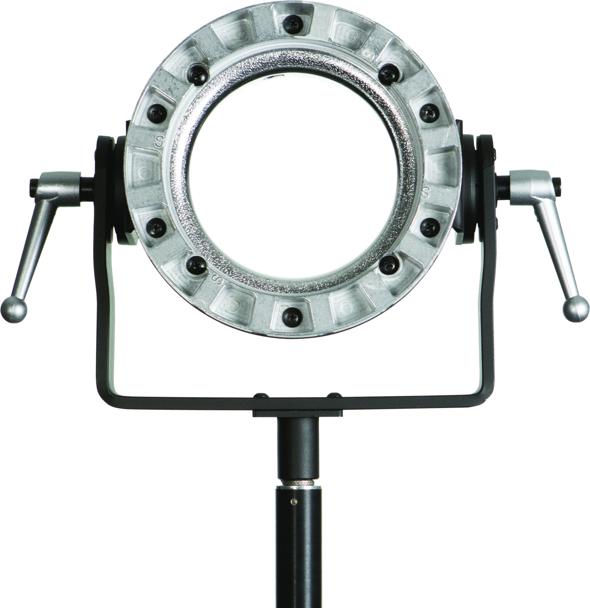 Close-up of the Westcott Zeppelin Speedring & Bracket for Elinchrom, a circular metal frame with side handles, mounted on a black base, isolated on a white background.