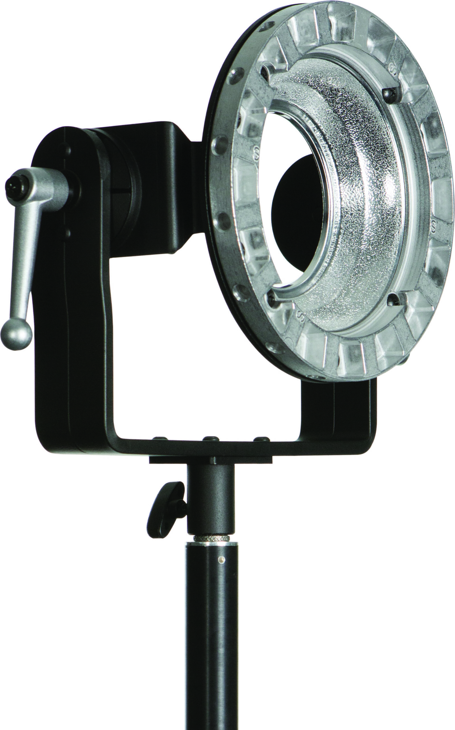 The Westcott Zeppelin Speedring & Bracket for Balcar is a professional silver-coloured studio accessory with a circular reflector mounted on a black adjustable stand and a side handle for easy positioning.