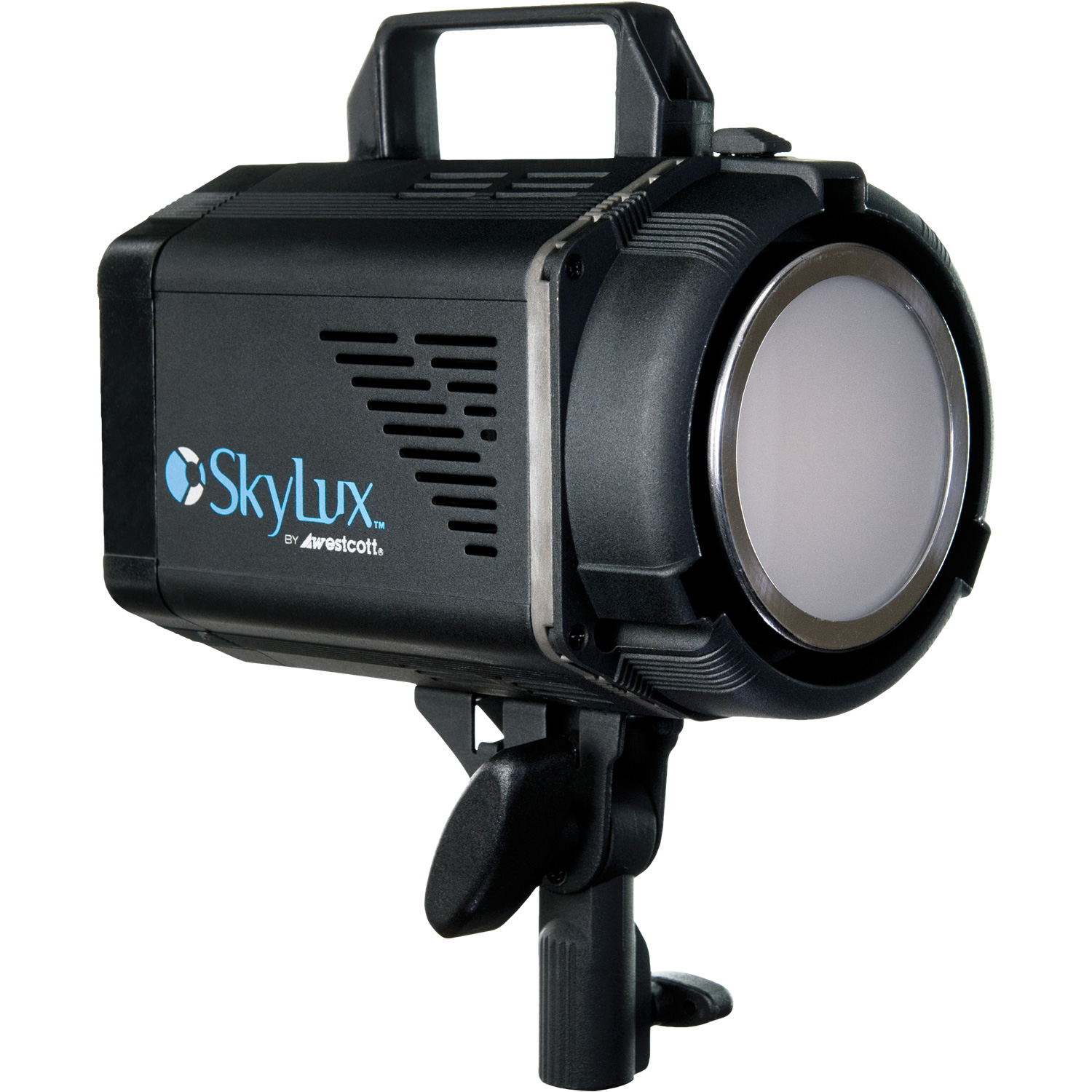 Musta Westcott Skylux LED-valo, jossa on lieriön muoto, yläkahva ja sivulogo, on asennettu jalustalle valkoista taustaa vasten.