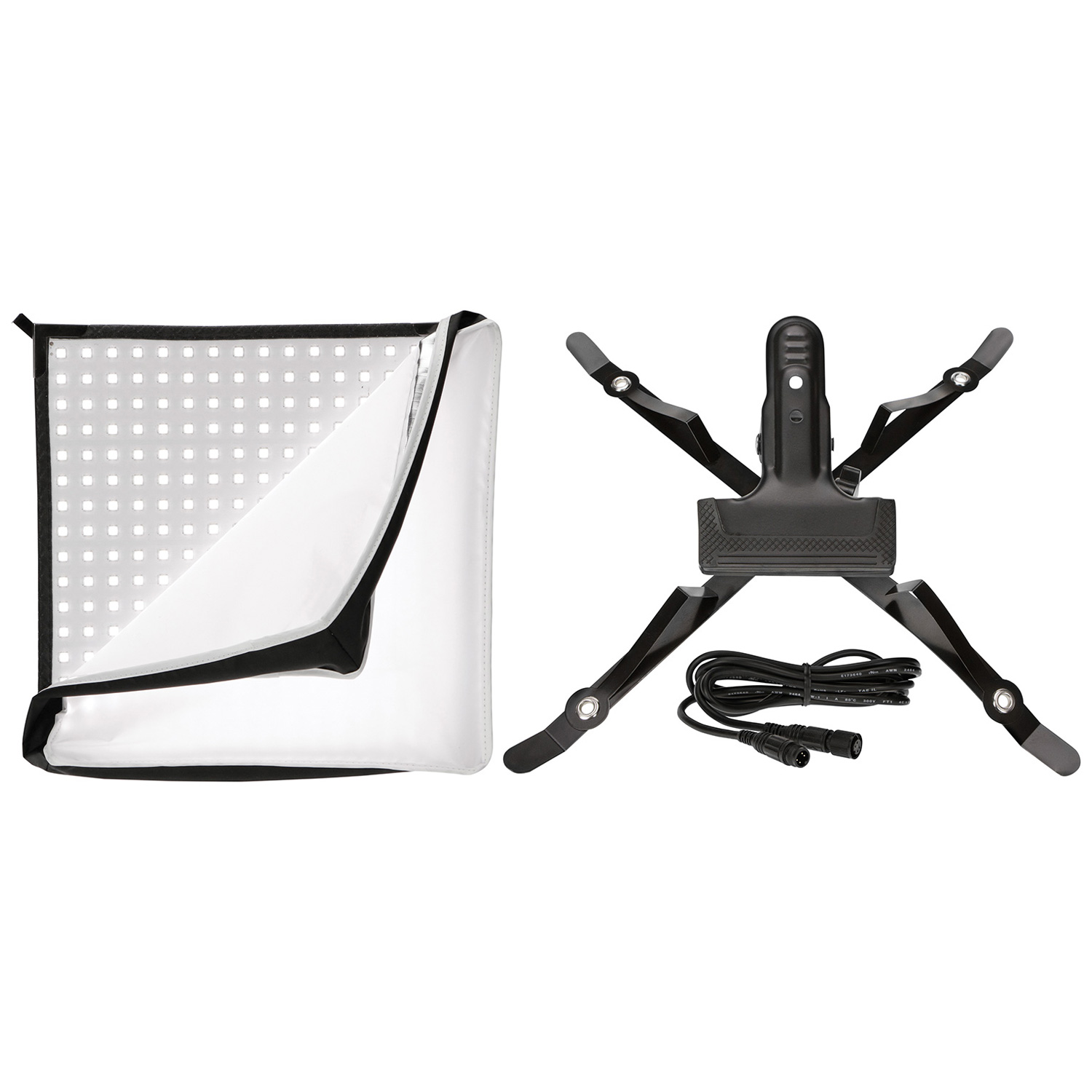 Westcott Flex 1-Light Tungsten LED Kit -valaisimessa on joustava LED-paneeli, jossa on diffuusi kansi, musta säädettävä kiinnityskannatin ja virtajohto, jotka kaikki näkyvät valkoisella pohjalla.