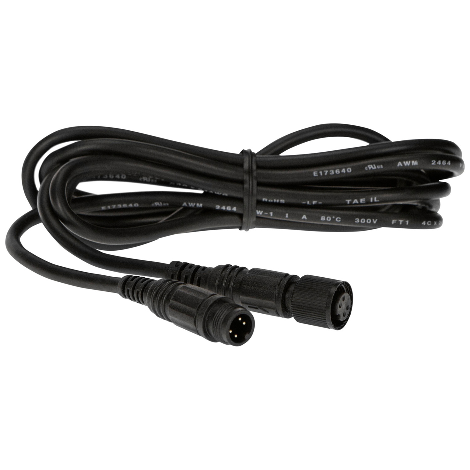 Westcott Flex Dimmer -jatkojohto LED-matoille on musta kaapeli, jossa on molemmissa päissä pyöreät uros- ja naarasliittimet, ja joka on kierretty ja jossa on näkyviä kaapelimerkintöjä pitkin sen pituutta.