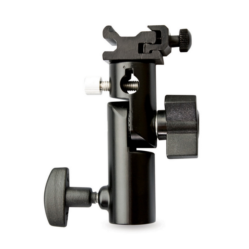 The Westcott Adjustable Shoe Mount Bracket is a black metal bracket with adjustable knobs designed for mounting camera flashes and umbrellas on light stands.