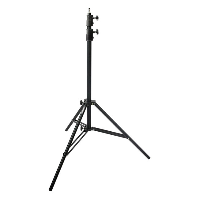 Westcott Heavy Duty Light Stand (3 m) on musta, säädettävä kolmijalkainen kolmijalkainen jalusta, jossa on kaksi säätönuppia ja joka on suunniteltu valaisulaitteiden tukemiseen valokuvauksessa tai videokuvauksessa.