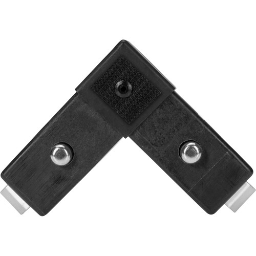 Westcott Scrim Jim Cine 2D Hoekframe Connector on musta, L-muotoinen muovista ja metallista valmistettu työkalu, jossa on keskusnivel ja kaksi pulttia kummassakin varressa.