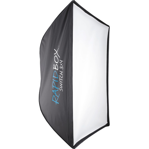 Suorakulmainen softbox-valonmuokkain, jossa on mustat sivut ja valkoinen etupaneeli, jonka kyljessä on sinisellä ja valkoisella tekstillä merkitty Westcott Rapid Box Switch 91 x 122 cm.