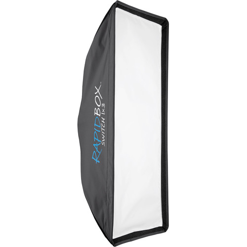 Suorakulmainen, kokoontaitettava softbox, jossa on musta ulkokuori ja valkoinen diffuusori ja jonka kyljessä on sinivalkoinen teksti "Westcott Rapid Box Switch 30 x 91 cm".