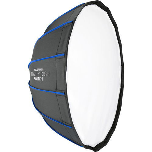 Black and white foldable beauty dish softbox with blue border, labeled Westcott Beauty Dish Switch, designed for professional photographic lighting.