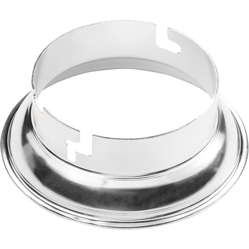 Westcott Switch Insert (Elinchrom Quadra/Q) on pyöreä, hopeinen metallinen lisävaruste, jossa on kiiltävä, heijastava pinta ja kaksi lovettua aukkoa sisärenkaalla, jossa on kohotettu ulkoreuna.