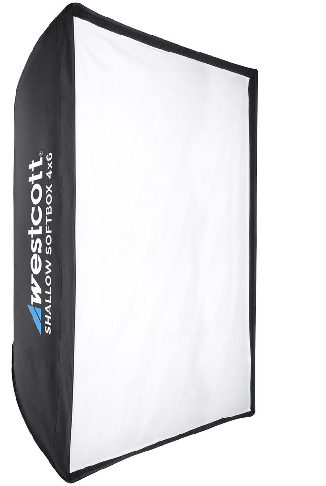 Westcott Shallow Softbox 121x183 cm (Silver Interior) on suuri suorakaiteen muotoinen softbox, jossa on valkoinen diffuusori ja mustat sivut, ihanteellinen ammattimaiseen valokuvaukseen.