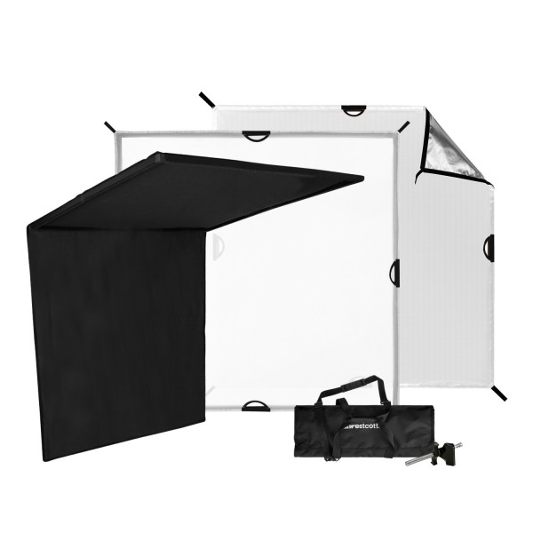 The Westcott Scrim Jim Cine C47 DP Kit includes a large rectangular diffusion panel, a silver reflector panel, a black flag and an accessories box, all neatly arranged on a white background.
