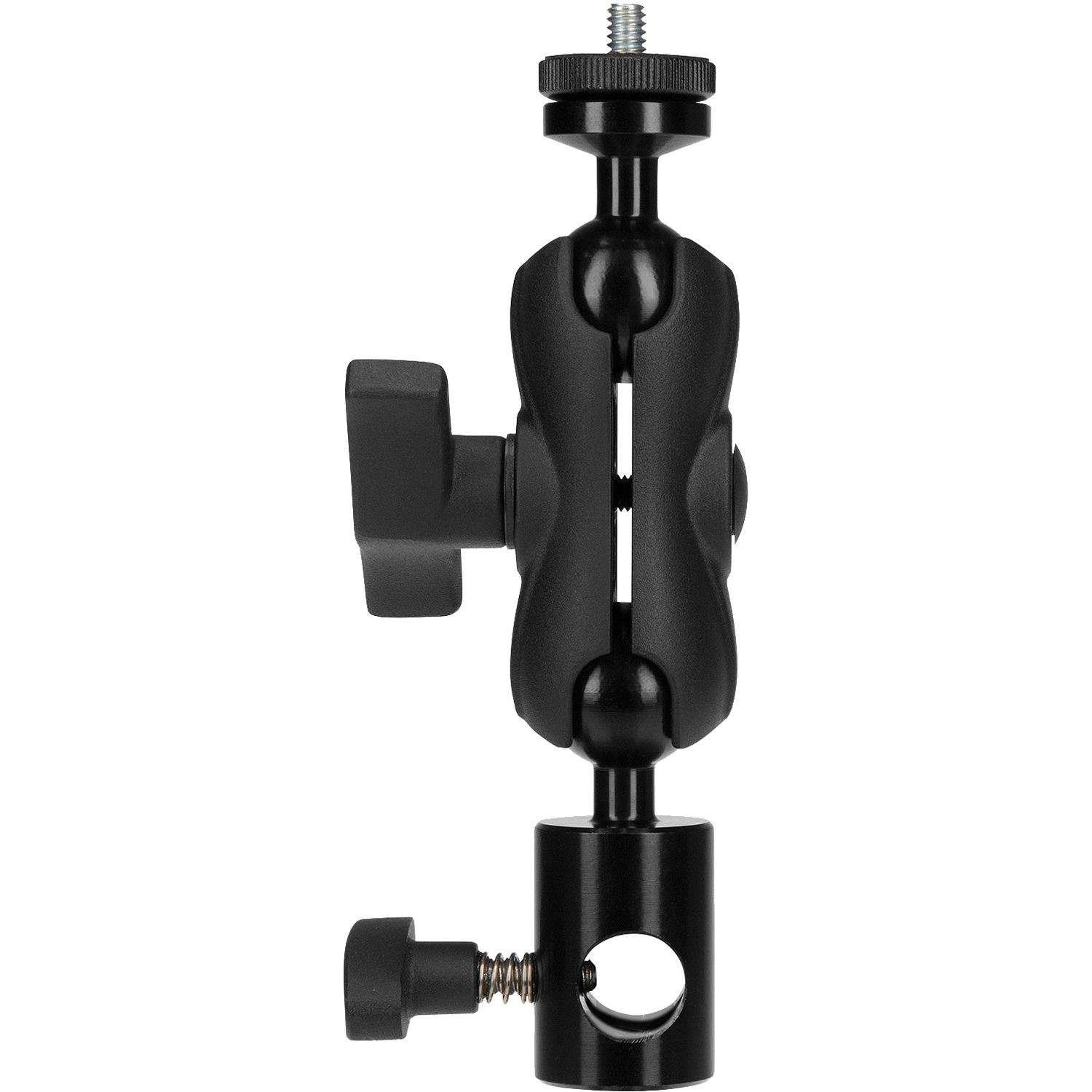 The Westcott Dual Joint Tilter Bracket is a black adjustable joint bracket with tension knobs and a threaded screw at the top, ideal for attaching cameras or accessories to equipment or supports.