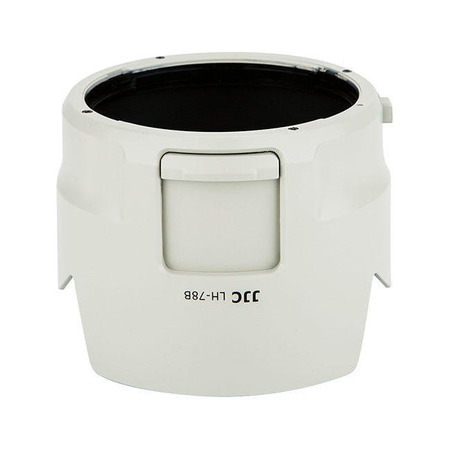 The white, cylindrical JJC ET 78B Canon lens hood with rectangular cut-out and smooth matte finish is featured against a white background.