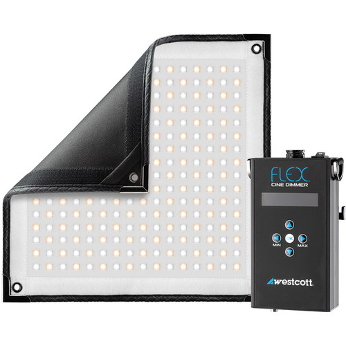 The Westcott Flex Cine Bi-Color Mat 1-Light Set (1' x 1') flexible LED panel appears partially folded next to the black FLEX CINE DIMMER control unit, which is labelled Westcott.