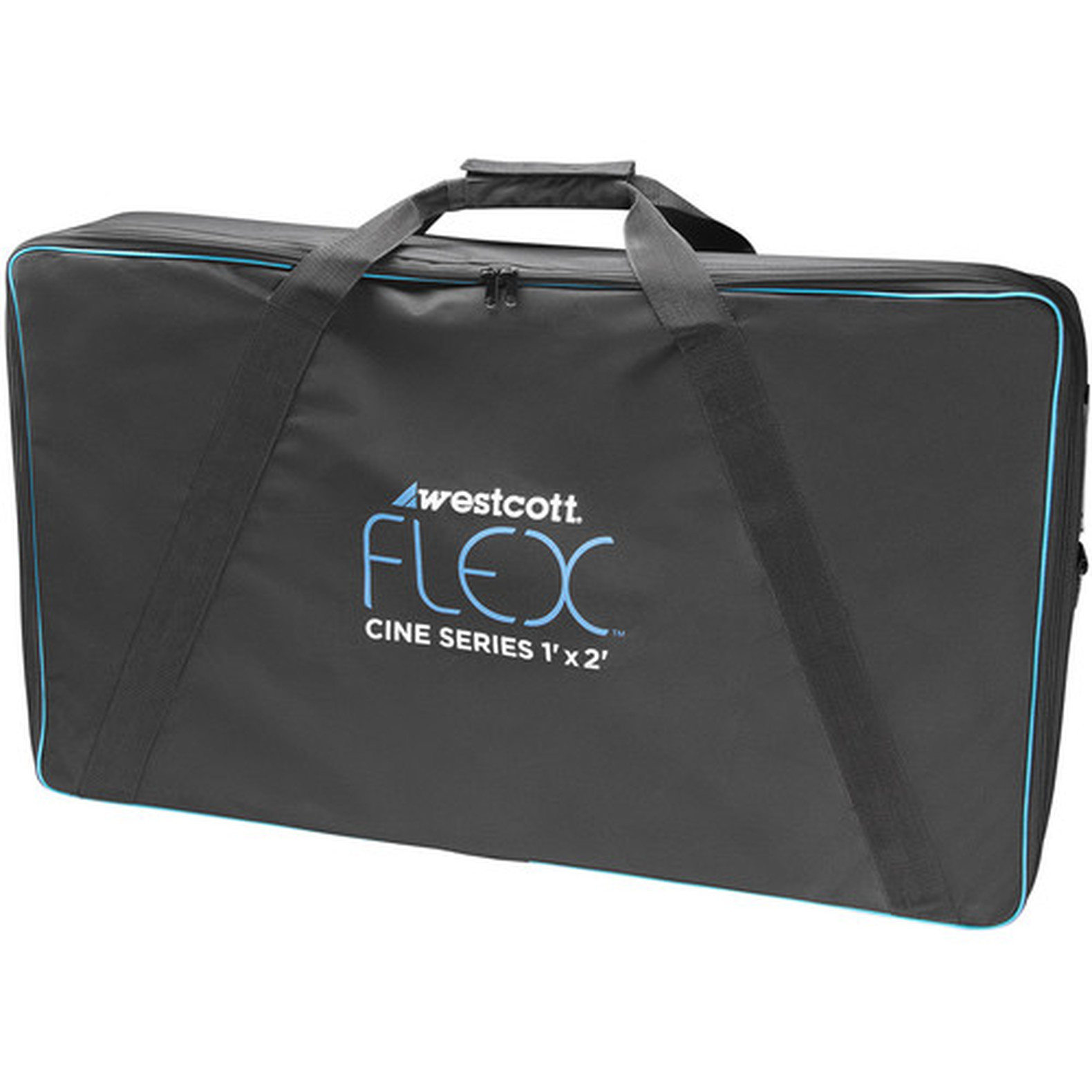 Black rectangular Westcott Flex Cine Gear Bag (30 x 61 cm, 1' x 2') with blue trim, two handles and white and blue print on the front "Westcott FLEX Cine Series 1 x 2".