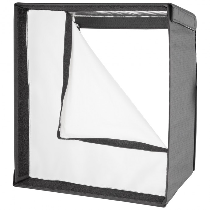 The Westcott Flex Cine Softbox (30.5 x 30.5 cm) has a foldable white fabric frame with a dark border and a partially open front flap to reveal its empty interior.