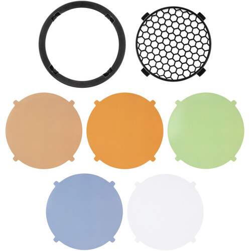 The Westcott FJ80 Magnetic Grid & Gel Pack contains six round colour filters (brown, orange, green, blue, white), a black frame and a honeycomb grid with tabs for easy handling.