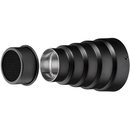 Westcott FJ200 Snoot with Honeycomb Grid on musta, harjattu metallinen valonmuokkain, joka kapenee kohti irrotettavaa verkkokuvioitua verkkoa, joka on suunniteltu ohjaamaan ja suuntaamaan valoa valokuvauksessa.