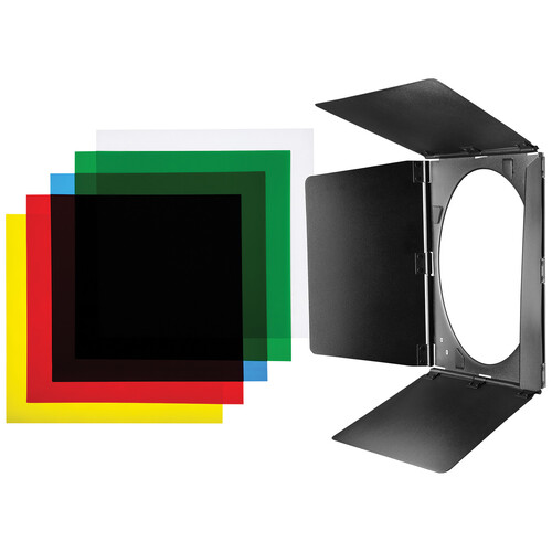 Westcott Barndoor Set for 70 Degree Wide Reflector includes coloured gels (red, blue, green, yellow, clear) and a black barn door modifier with adjustable flaps for controlling stage or studio lighting.