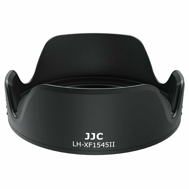 JJC LH XF1545II -vastavalosuoja Musta, terälehden muotoinen, näkyy edestä valkoisella pohjalla.