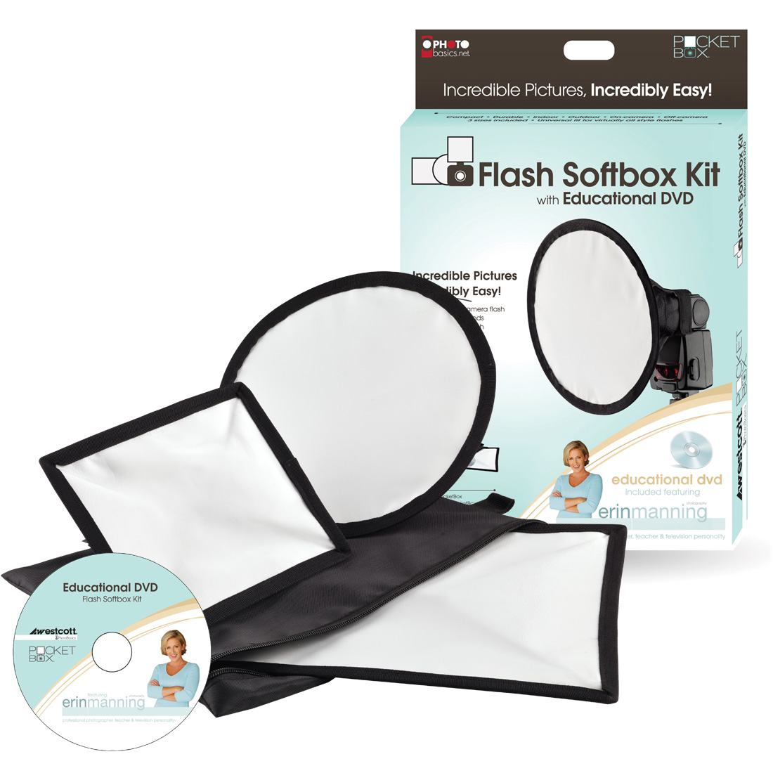 The Westcott Flash Softbox Kit contains two white, black and white softboxes, an instructional DVD, and comes in a package with the kit, DVD and a woman holding the product.