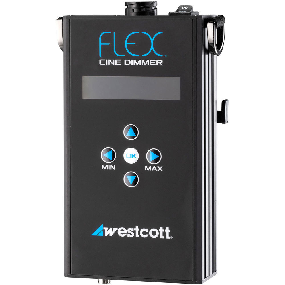Mustassa Westcott Flex Cine Dimmerissä on näyttö, neljä nuolipainiketta, joissa on merkinnät "MIN", "OK" ja "MAX", virtakytkin ylhäällä ja teksti "FLEX CINE DIMMER" painikkeiden yläpuolella.