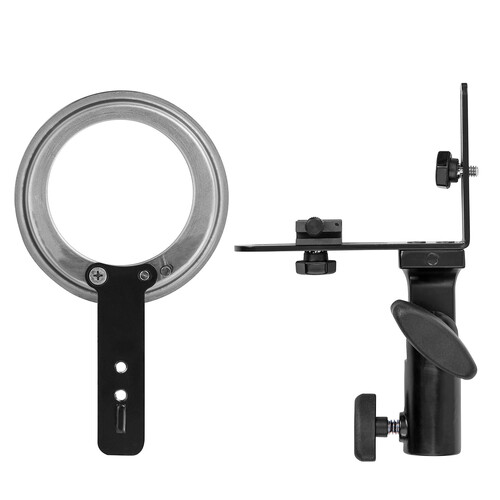 Two views of the Westcott Switch Insert (for Westcott FJ80, Profoto A1/A1X/A10, Godox V1): the front shows a round black metal clip; the side view shows an adjustable arm with handle and tension knobs.
