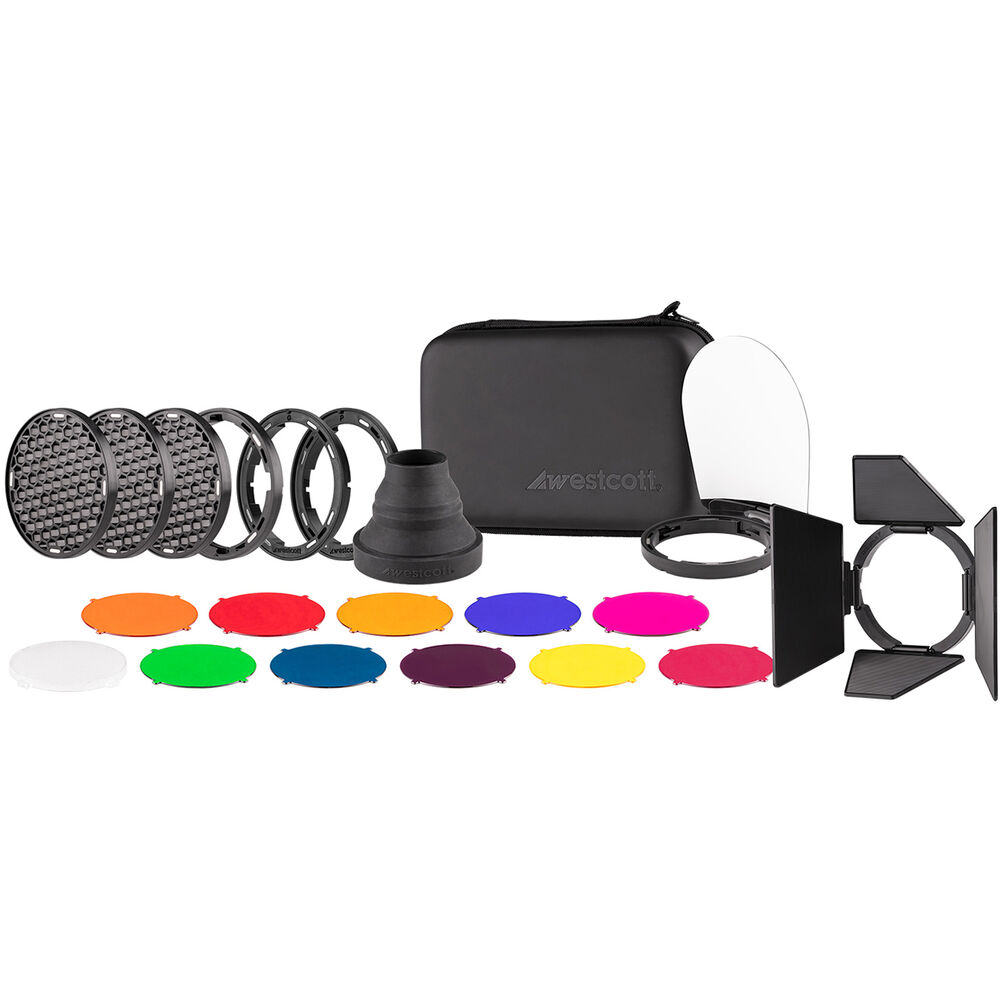 The Westcott FJ80 Creative Pack includes crossbars, rings, muzzle, barn doors, coloured gels, white plate and a black zippered carry bag with a white background.