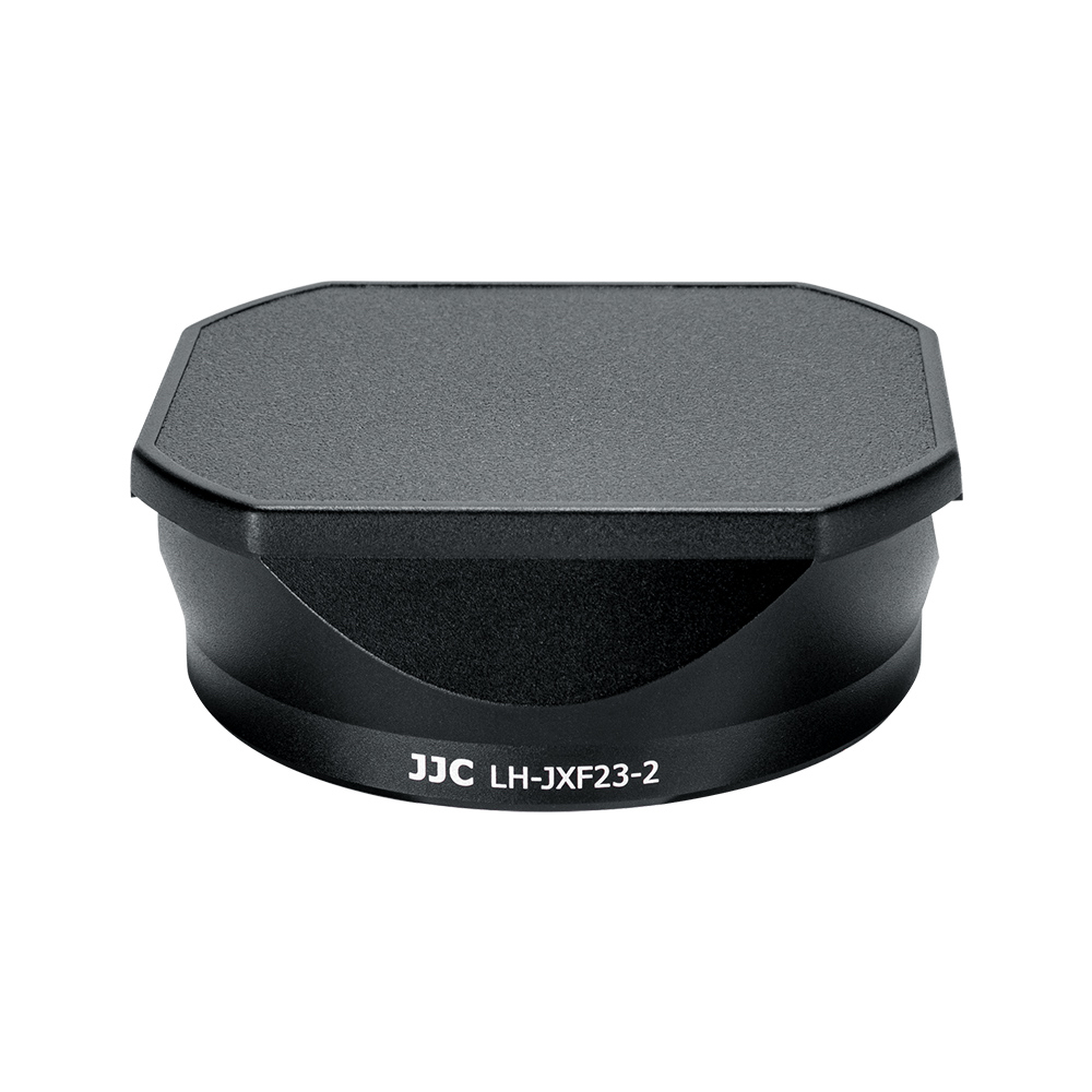 Black, octagonal JJC Lens Hood For backlight protection The Fuji LC-JXF23-2 lens hood with white side label is visible against a white background.