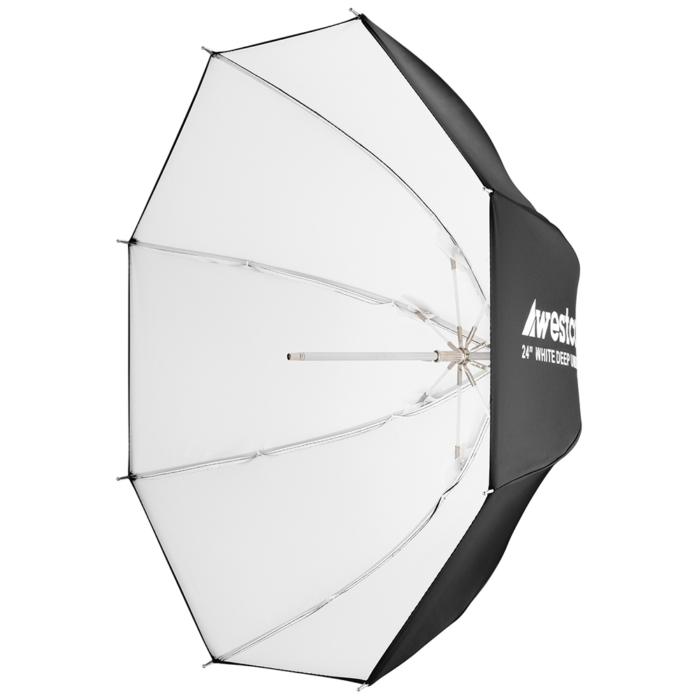 Suuri, valko-musta valokuvaussateenvarjo, jossa on metalliset puikot ja mustaan ulkopintaan painettu teksti "Westcott Deep Umbrella - White Bounce (61 cm)".