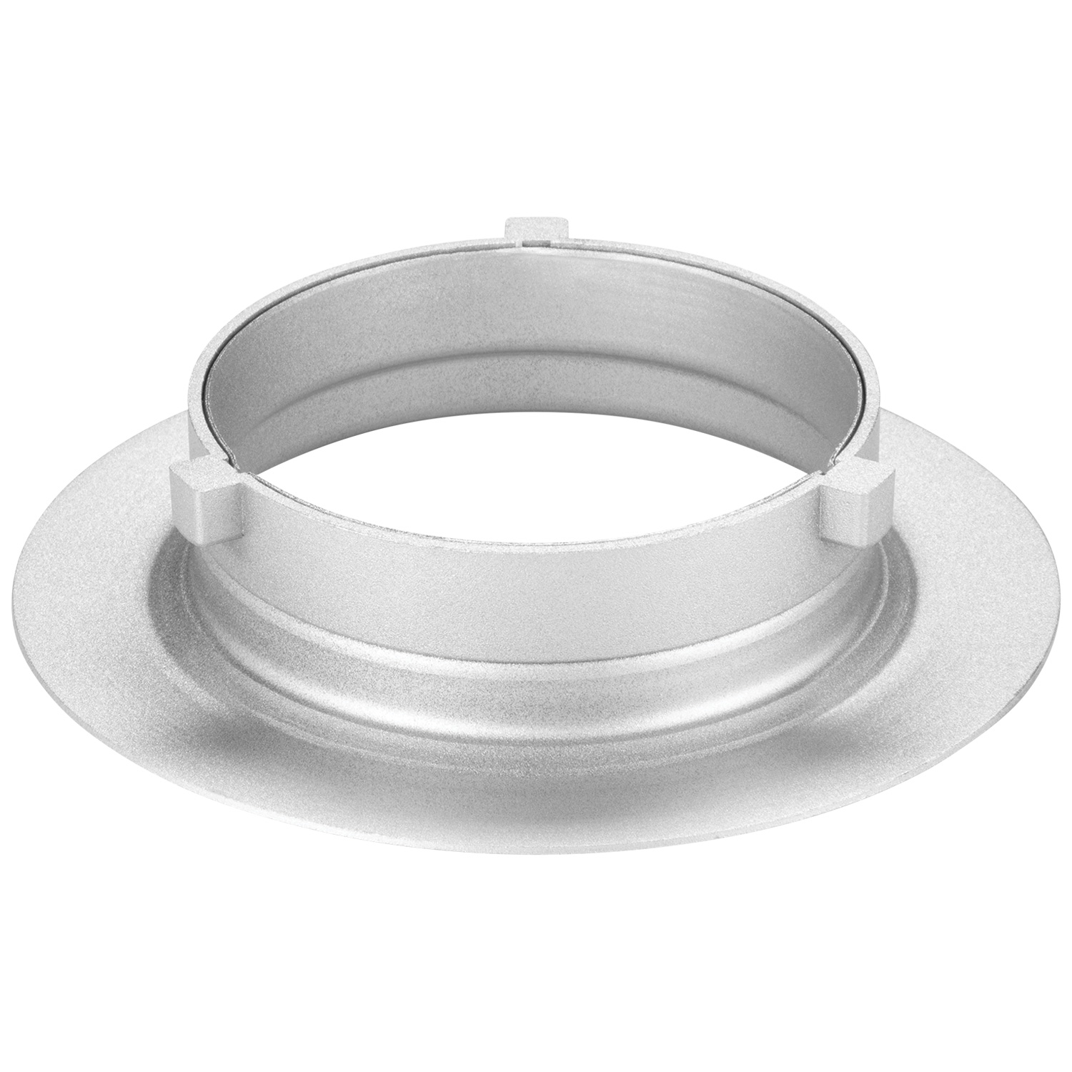 Westcott Optical Spot Light Mount Bowens on hopeanvärinen metallinen laippa, jossa on pyöreä pohja, korotettu pyöreä kaulus ja neljä tasaisin välein olevaa suorakulmaista kielekettä reunalla.